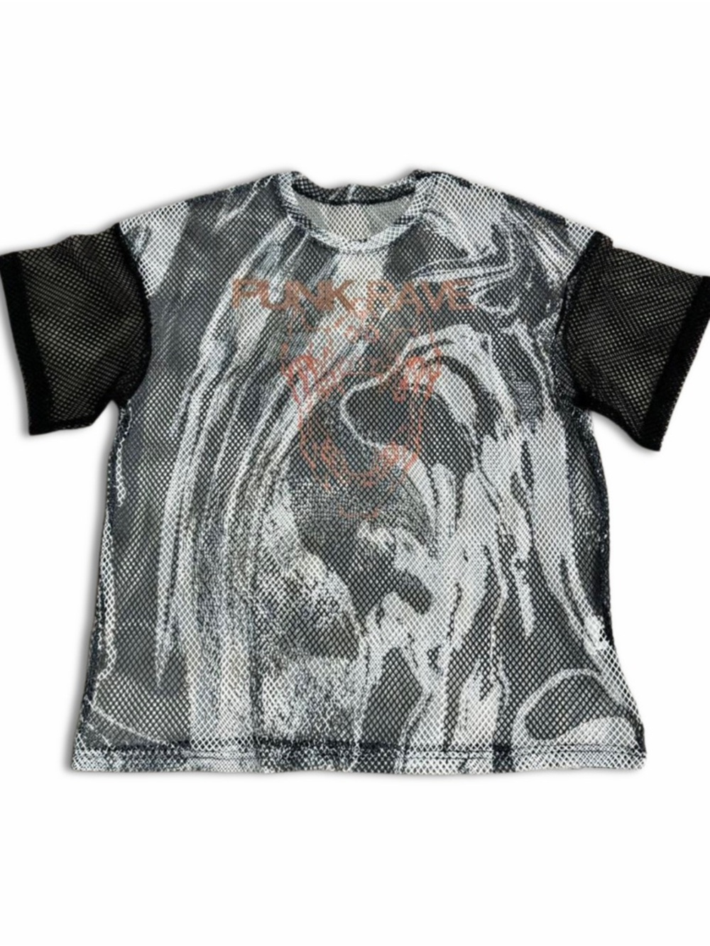 Punk Rave Graphic Black & White Marbled Fishnet Mesh T-Shirt